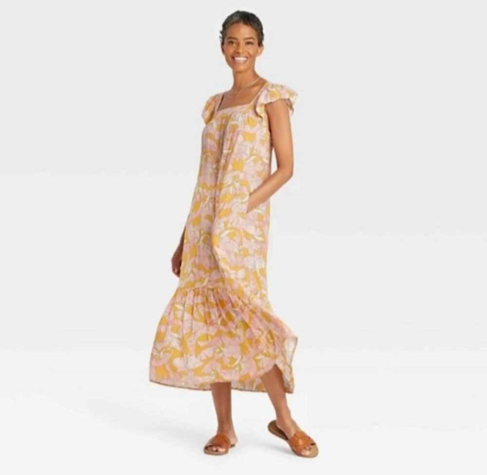 KNOX ROSE  womens Tropical Leaves Pocket Flowy Midi yellow Dress size XS